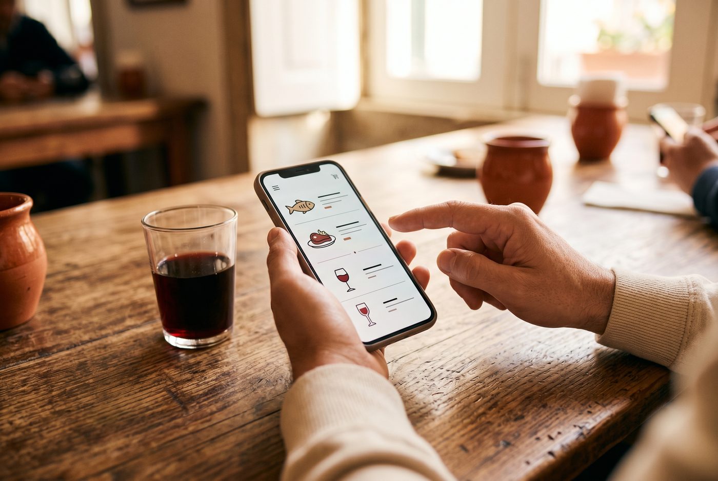 Cliente a encomendar pelo telemóvel num restaurante Mesato